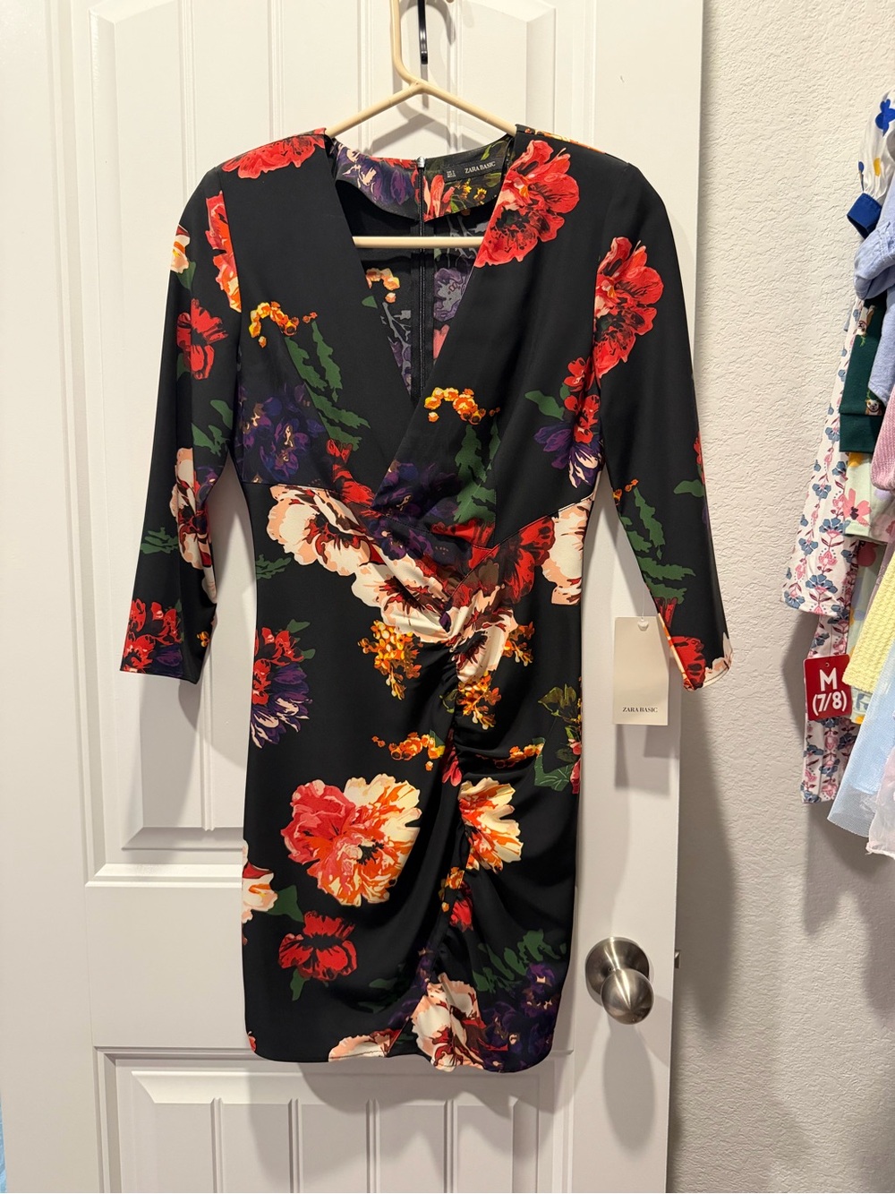 Zara Floral Wrap-Front Black Dress with Red & Cream Blooms